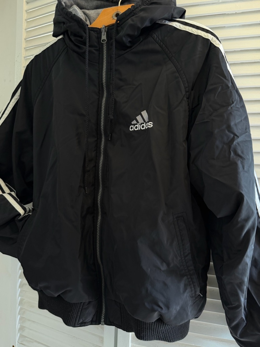 Adidas Reversible Jacket Black Gray Hoodie Windbreaker 3 Stripe Men’s S/M